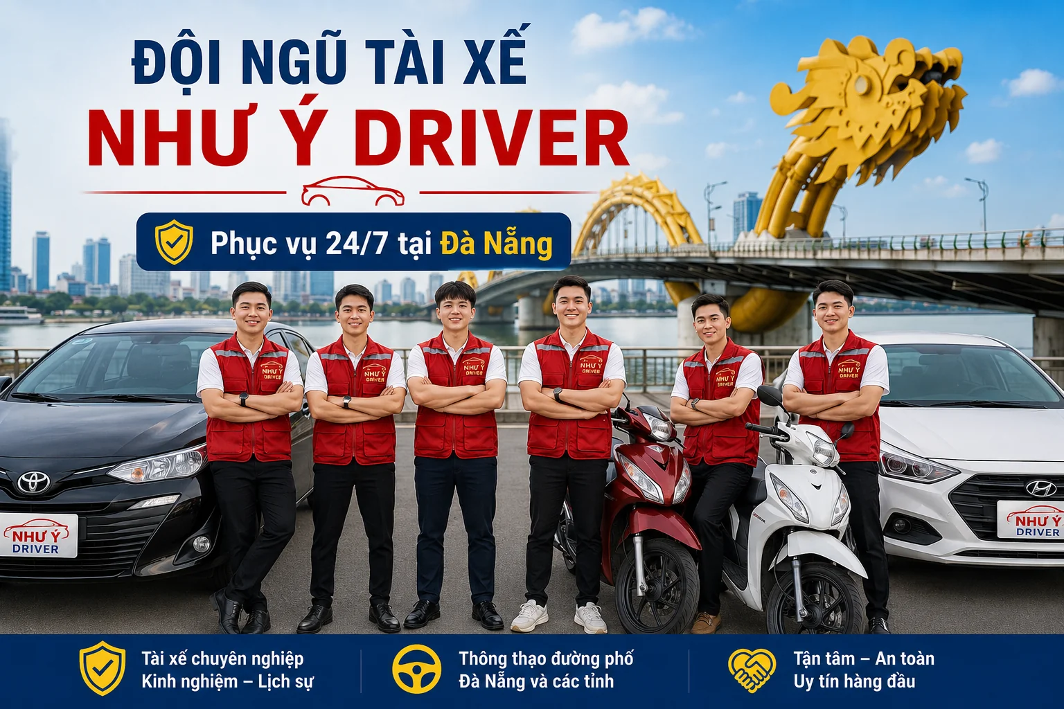 Đội ngũ tài xế Như Ý Driver đồng phục đỏ chụp trước Cầu Rồng Đà Nẵng