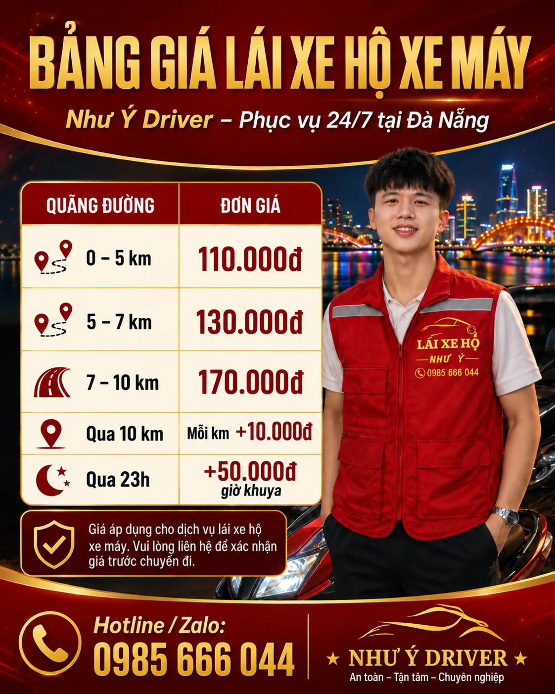 Bảng giá lái xe máy hộ Như Ý Driver Đà Nẵng